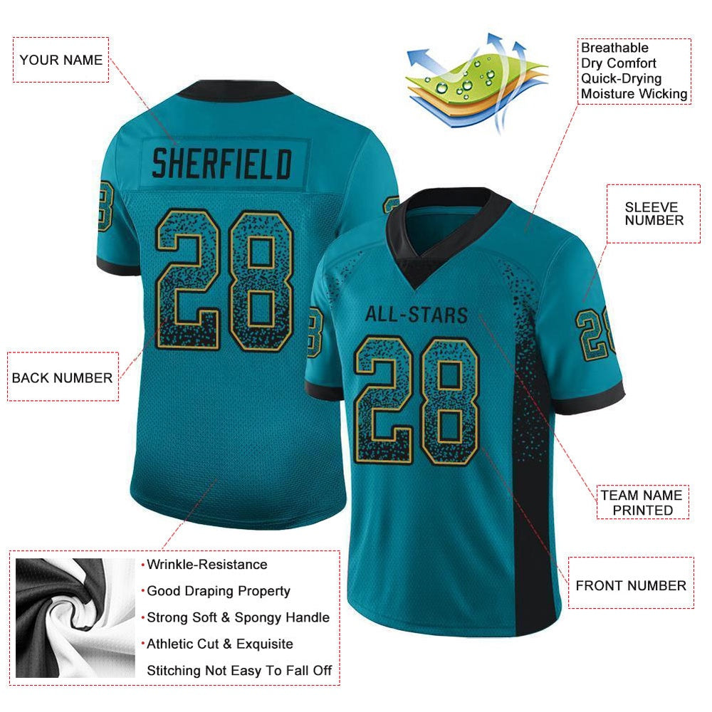 Custom Teal Black Old Gold Mesh Drift Fashion Football Jersey, Team Jerseys Football, Custom Football Jersey
