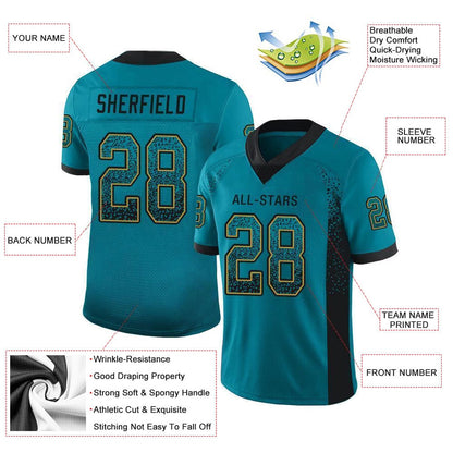 Custom Teal Black Old Gold Mesh Drift Fashion Football Jersey, Team Jerseys Football, Custom Football Jersey