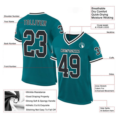 Custom Teal Black White Mesh Authentic Throwback Football Jersey, Team Jerseys Football, Custom Football Jersey