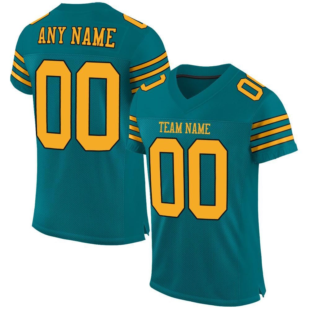 Custom Teal Gold Black Mesh Authentic Football Jersey, Team Jerseys Football, Custom Football Jersey