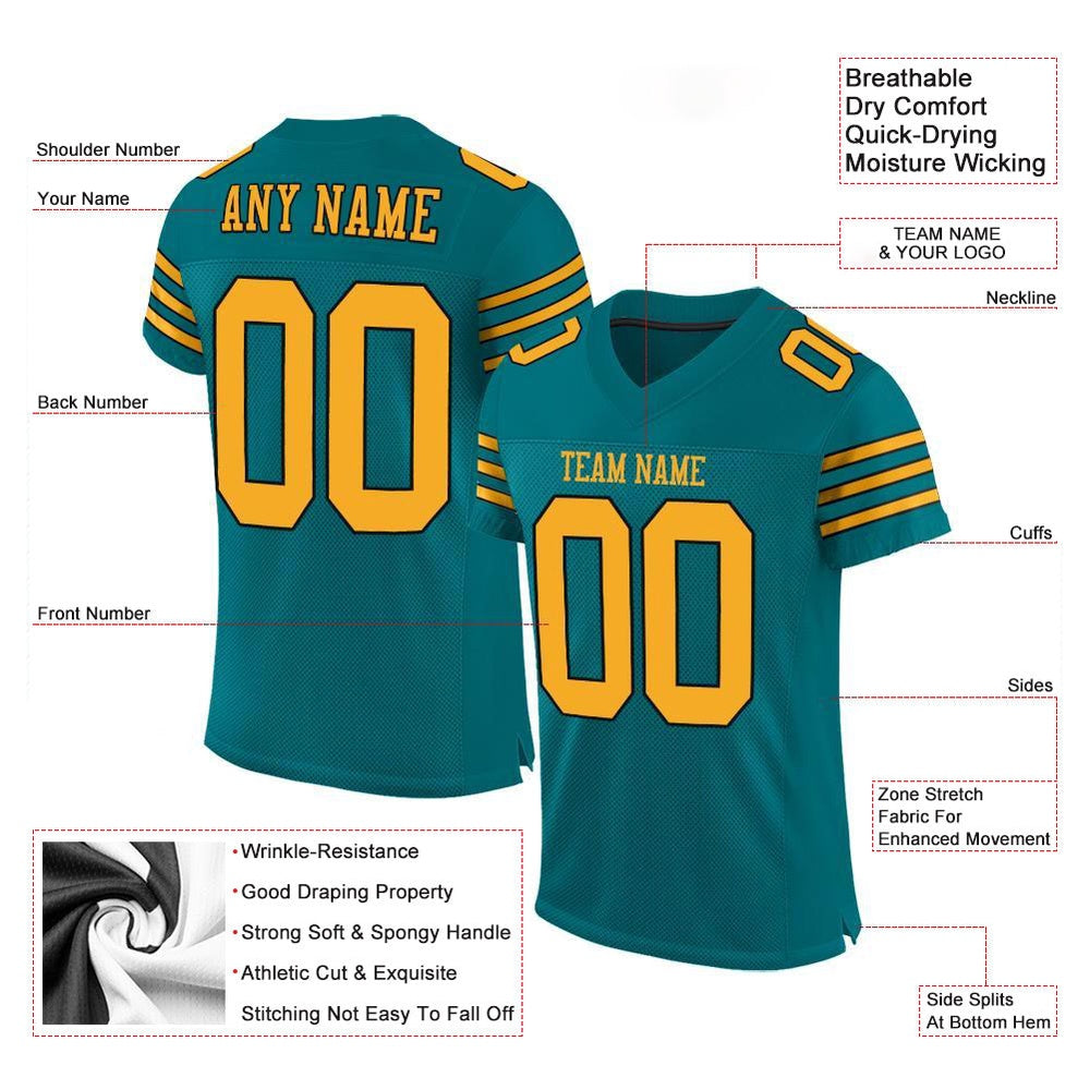 Custom Teal Gold Black Mesh Authentic Football Jersey, Team Jerseys Football, Custom Football Jersey