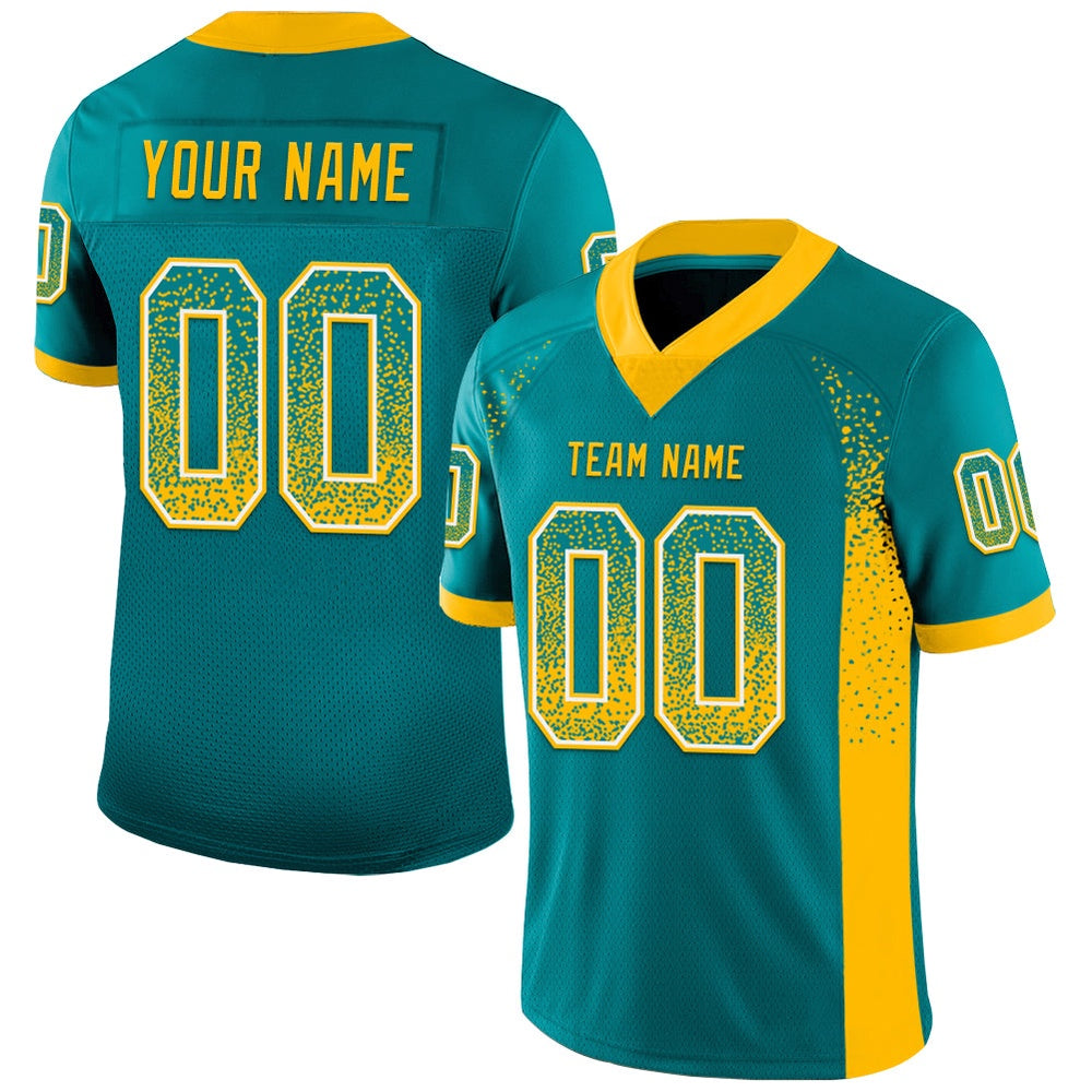 Custom Teal Gold White Mesh Drift Fashion Football Jersey, Team Jerseys Football, Custom Football Jersey