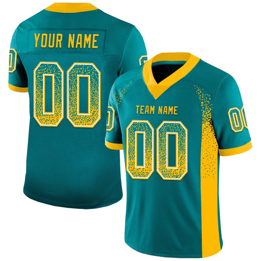 Custom Teal Gold White Mesh Drift Fashion Football Jersey, Team Jerseys Football, Custom Football Jersey