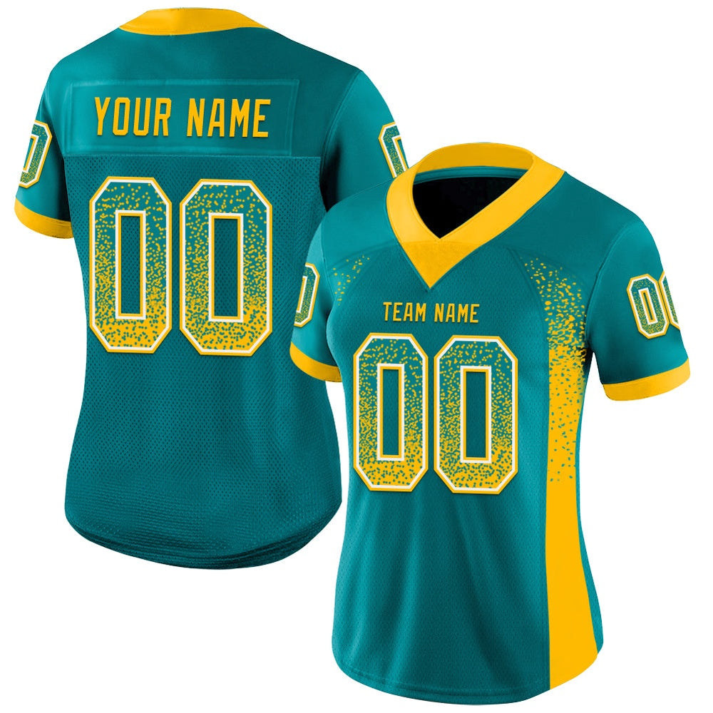 Custom Teal Gold White Mesh Drift Fashion Football Jersey, Team Jerseys Football, Custom Football Jersey