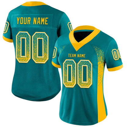 Custom Teal Gold White Mesh Drift Fashion Football Jersey, Team Jerseys Football, Custom Football Jersey
