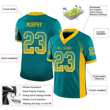 Custom Teal Gold White Mesh Drift Fashion Football Jersey, Team Jerseys Football, Custom Football Jersey