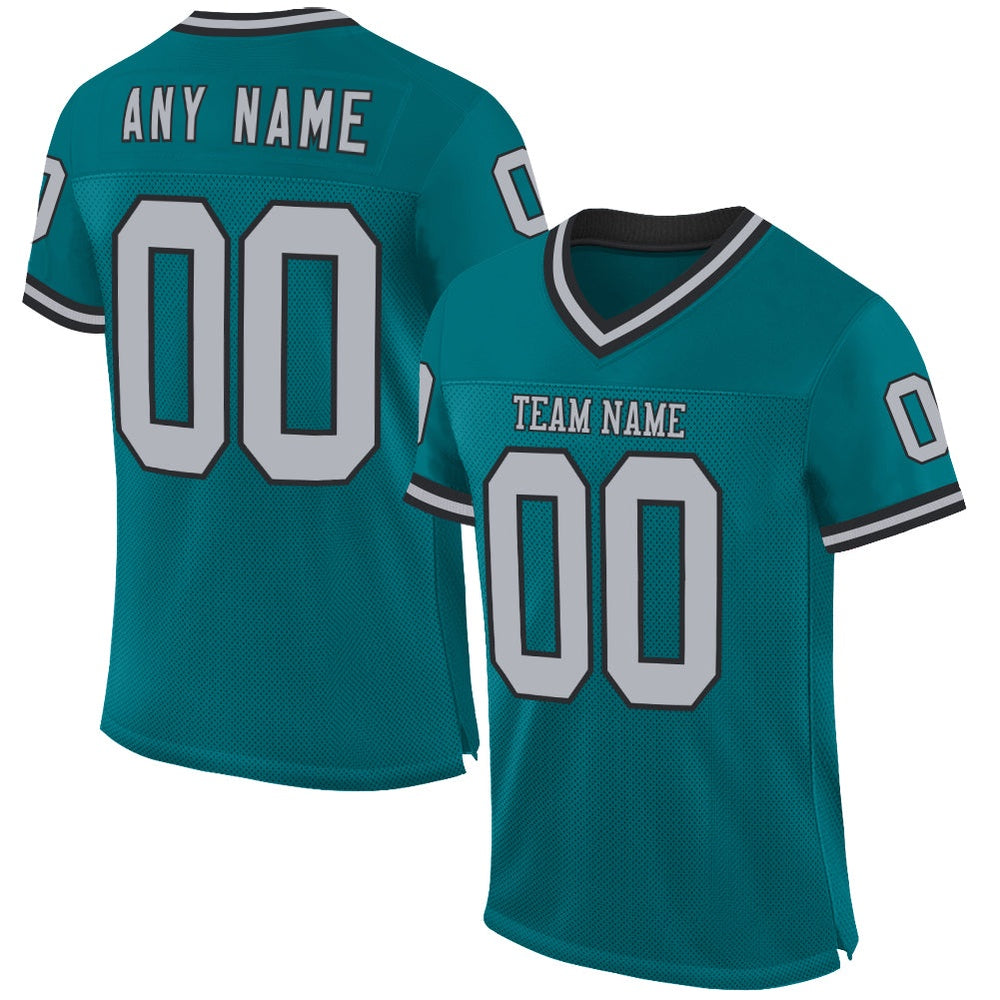 Custom Teal Gray Black Mesh Authentic Throwback Football Jersey, Team Jerseys Football, Custom Football Jersey