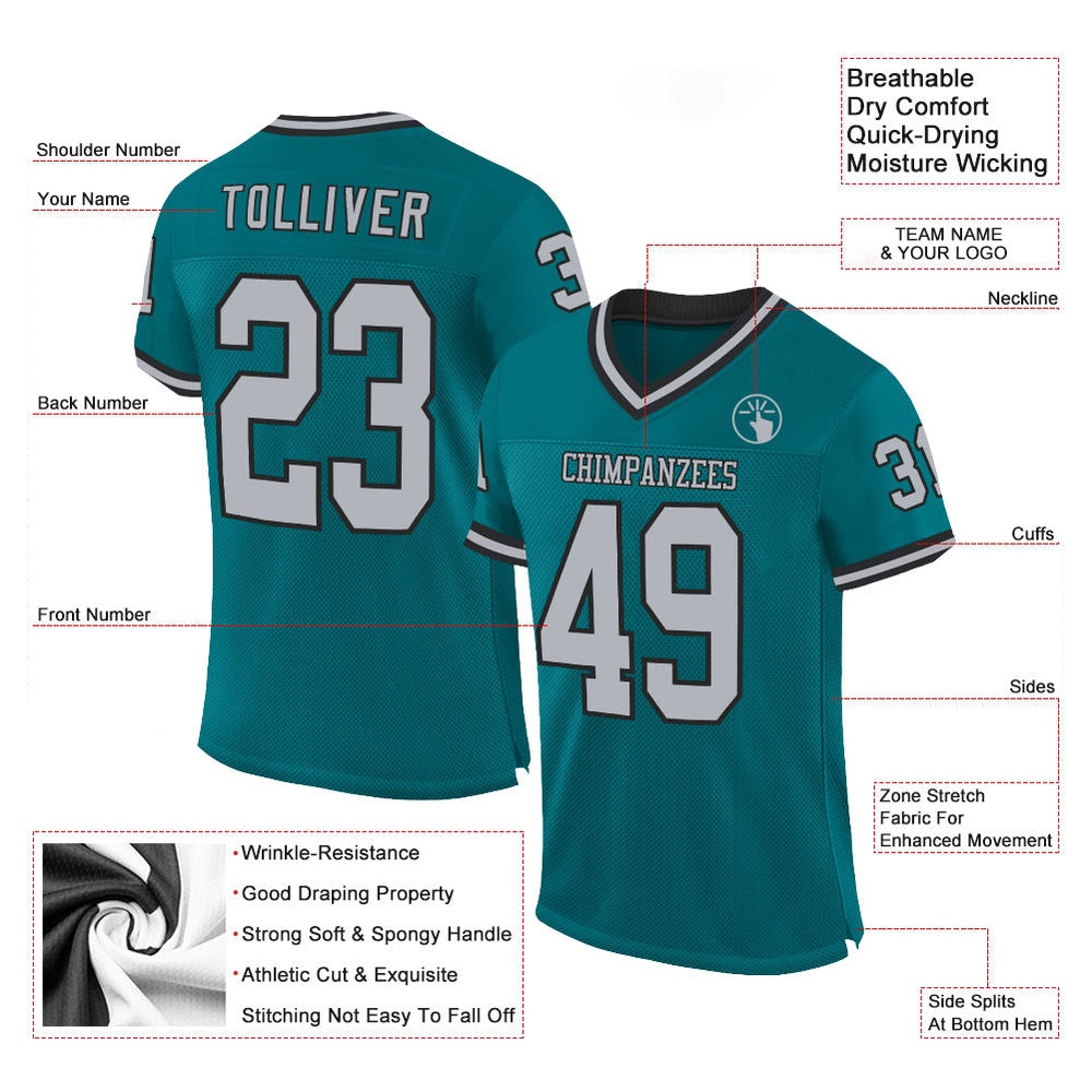 Custom Teal Gray Black Mesh Authentic Throwback Football Jersey, Team Jerseys Football, Custom Football Jersey