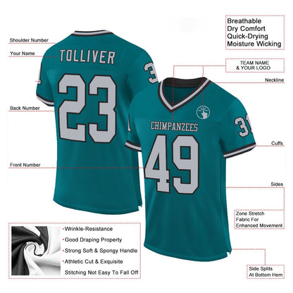 Custom Teal Gray Black Mesh Authentic Throwback Football Jersey, Team Jerseys Football, Custom Football Jersey