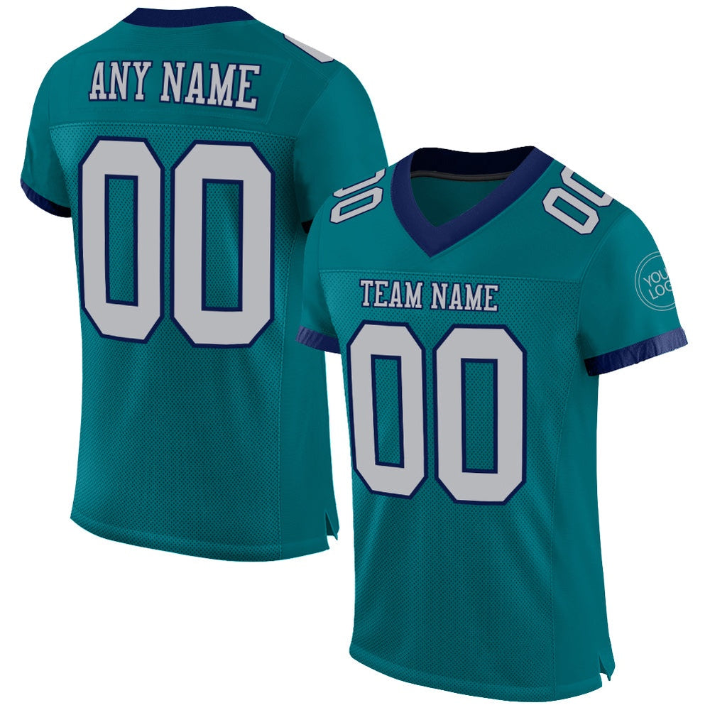 Custom Teal Gray Navy Mesh Authentic Football Jersey, Team Jerseys Football, Custom Football Jersey