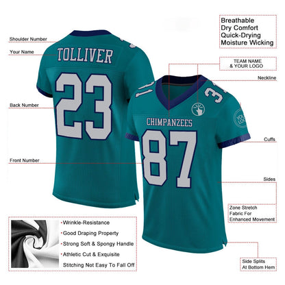 Custom Teal Gray Navy Mesh Authentic Football Jersey, Team Jerseys Football, Custom Football Jersey