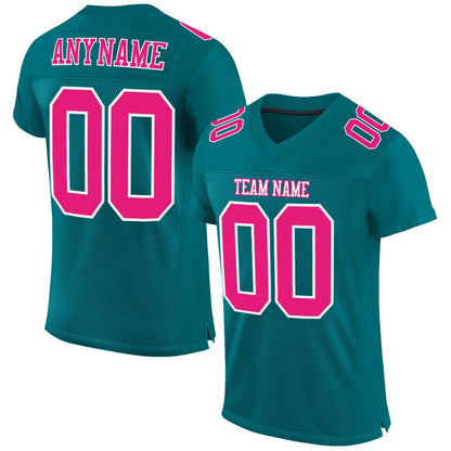 Custom Teal Hot Pink White Mesh Authentic Football Jersey, Team Jerseys Football, Custom Football Jersey