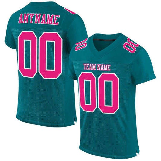 Custom Teal Hot Pink White Mesh Authentic Football Jersey, Team Jerseys Football, Custom Football Jersey