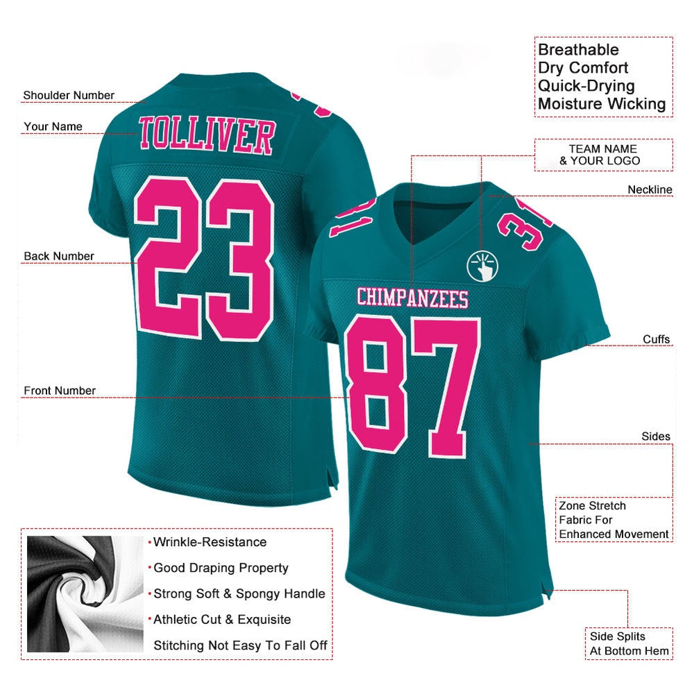 Custom Teal Hot Pink White Mesh Authentic Football Jersey, Team Jerseys Football, Custom Football Jersey