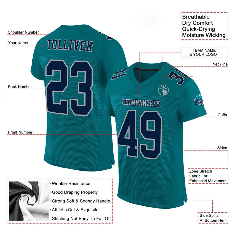 Custom Teal Navy Gray Mesh Authentic Football Jersey, Team Jerseys Football, Custom Football Jersey