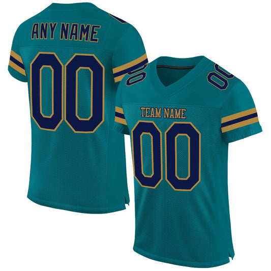 Custom Teal Navy Old Gold Mesh Authentic Football Jersey, Team Jerseys Football, Custom Football Jersey