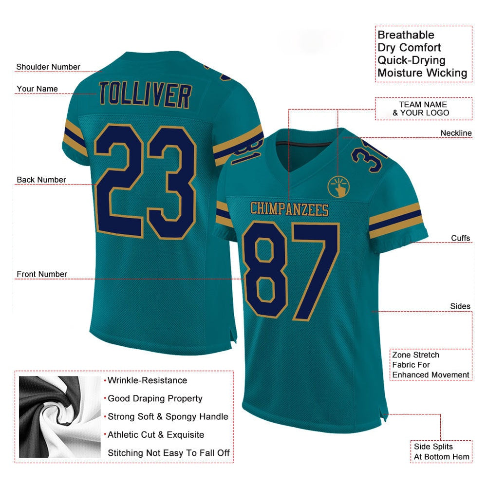 Custom Teal Navy Old Gold Mesh Authentic Football Jersey, Team Jerseys Football, Custom Football Jersey