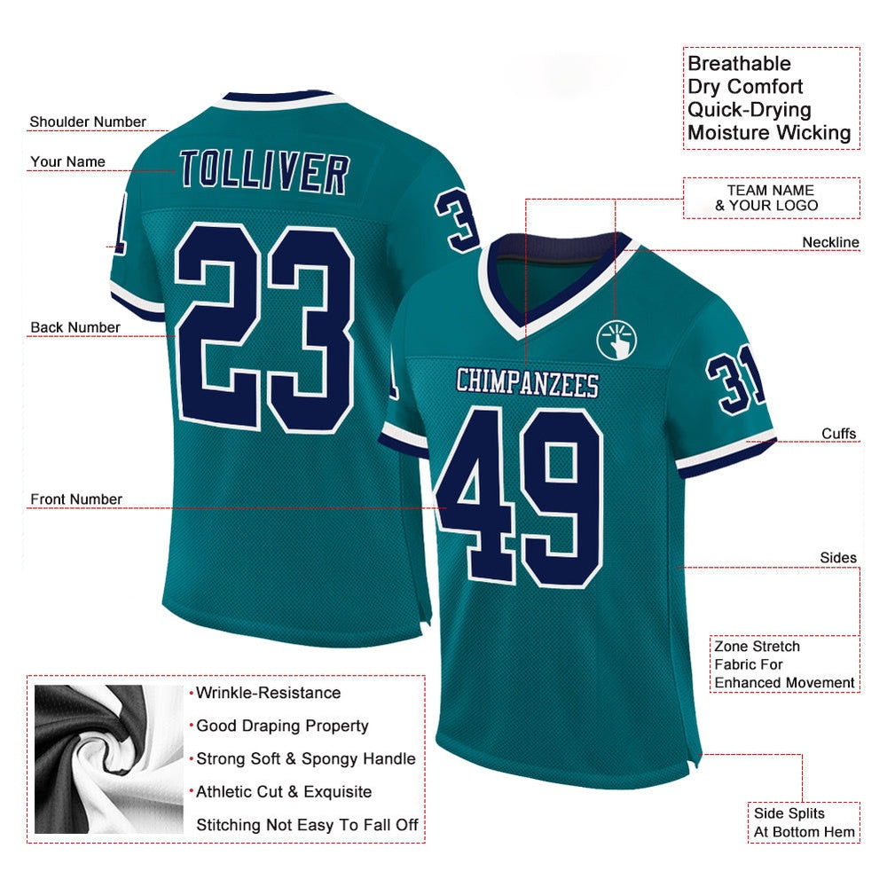 Custom Teal Navy White Mesh Authentic Throwback Football Jersey, Team Jerseys Football, Custom Football Jersey