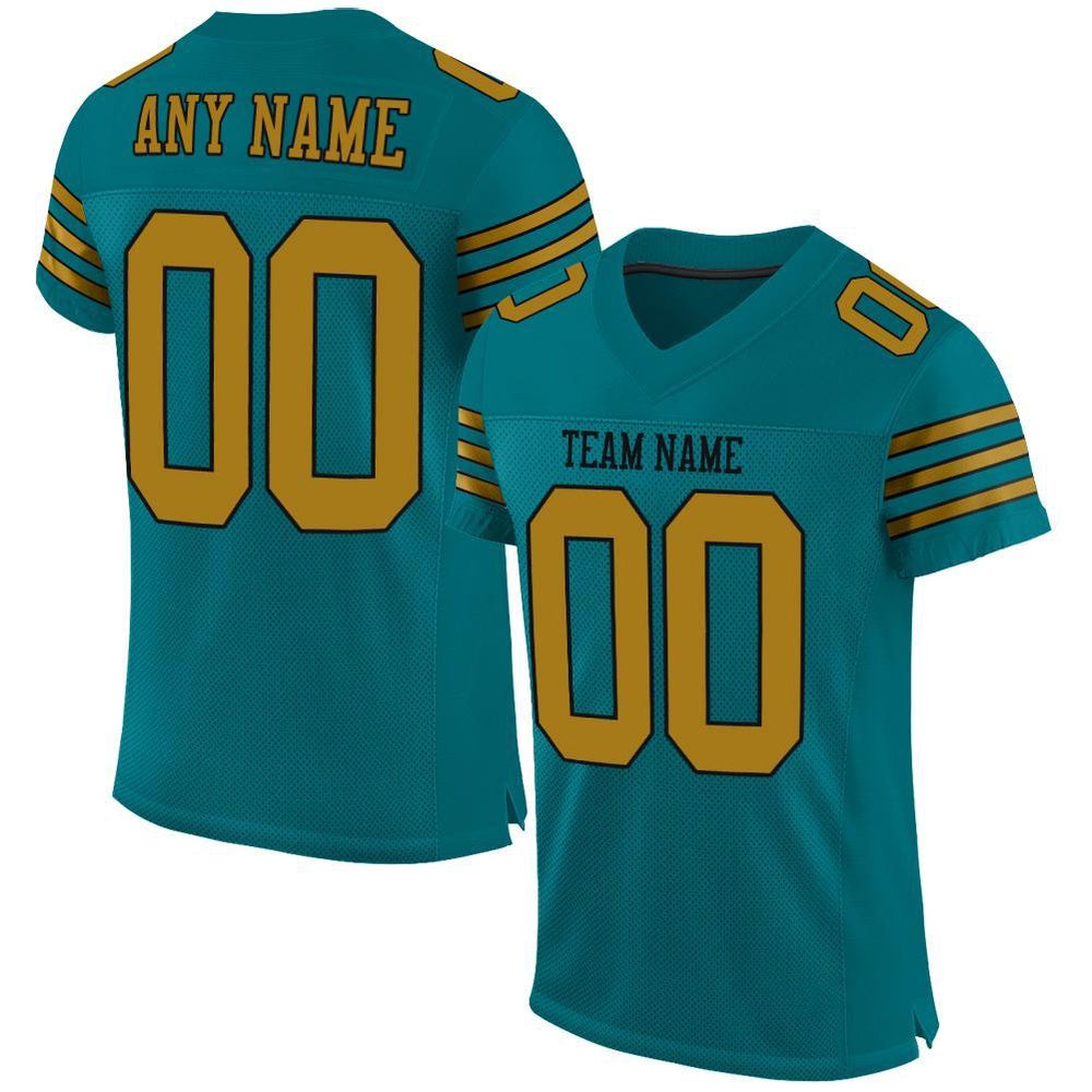 Custom Teal Old Gold Black Mesh Authentic Football Jersey, Team Jerseys Football, Custom Football Jersey