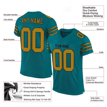Custom Teal Old Gold Black Mesh Authentic Football Jersey, Team Jerseys Football, Custom Football Jersey