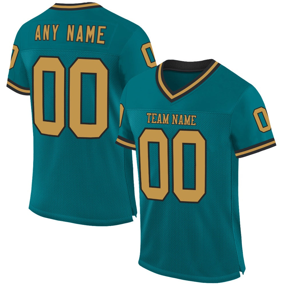 Custom Teal Old Gold Black Mesh Authentic Throwback Football Jersey, Team Jerseys Football, Custom Football Jersey