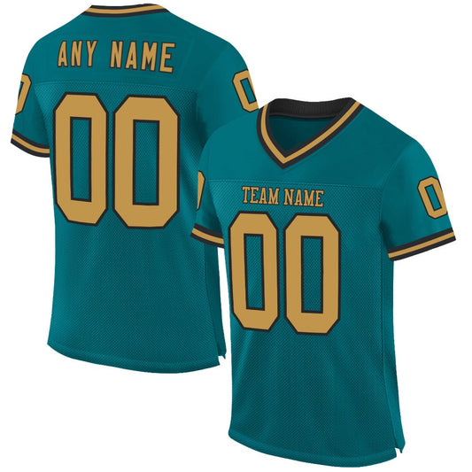 Custom Teal Old Gold Black Mesh Authentic Throwback Football Jersey, Team Jerseys Football, Custom Football Jersey