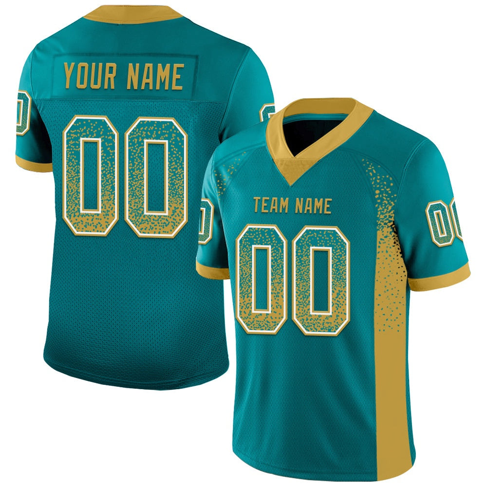 Custom Teal Old Gold White Mesh Drift Fashion Football Jersey, Team Jerseys Football, Custom Football Jersey