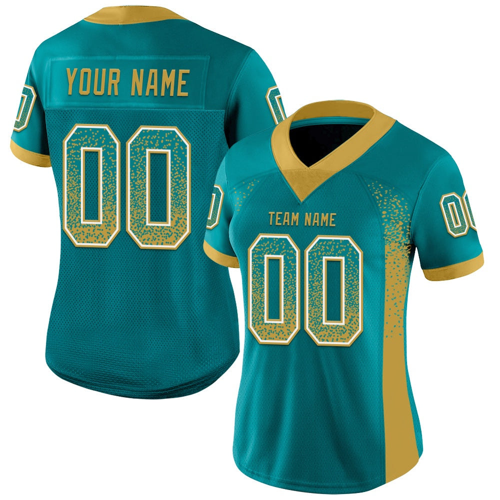 Custom Teal Old Gold White Mesh Drift Fashion Football Jersey, Team Jerseys Football, Custom Football Jersey