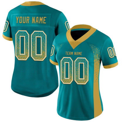 Custom Teal Old Gold White Mesh Drift Fashion Football Jersey, Team Jerseys Football, Custom Football Jersey