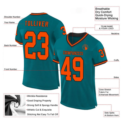 Custom Teal Orange Black Mesh Authentic Throwback Football Jersey, Team Jerseys Football, Custom Football Jersey