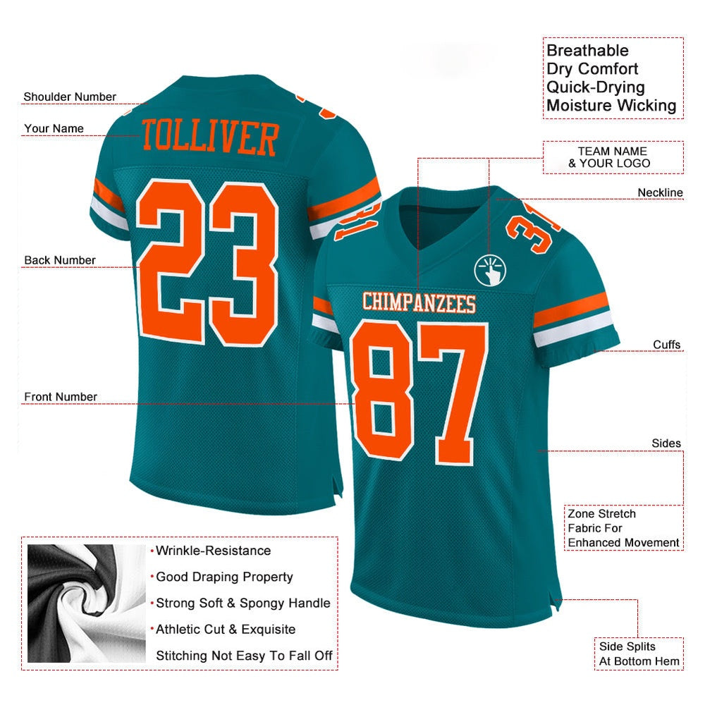 Custom Teal Orange White Mesh Authentic Football Jersey, Team Jerseys Football, Custom Football Jersey