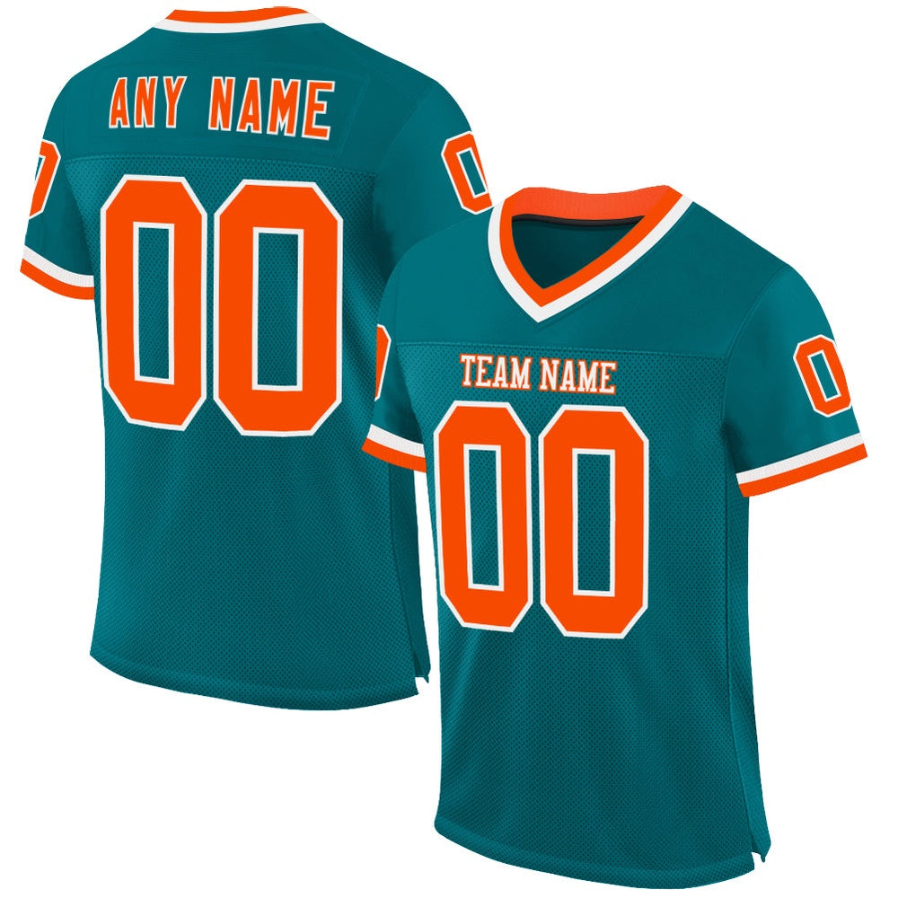 Custom Teal Orange White Mesh Authentic Throwback Football Jersey, Team Jerseys Football, Custom Football Jersey