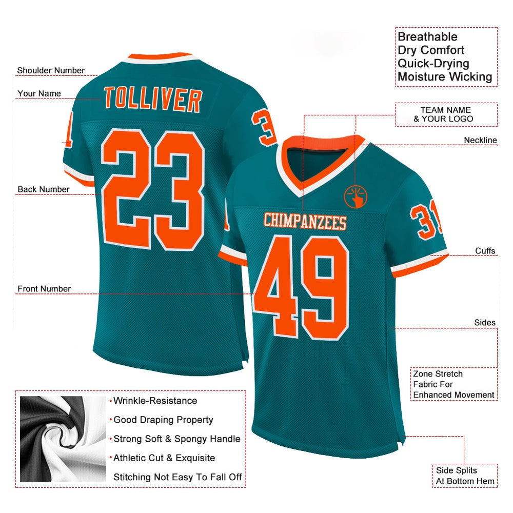 Custom Teal Orange White Mesh Authentic Throwback Football Jersey, Team Jerseys Football, Custom Football Jersey