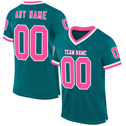 Custom Teal Pink White Mesh Authentic Throwback Football Jersey, Team Jerseys Football, Custom Football Jersey