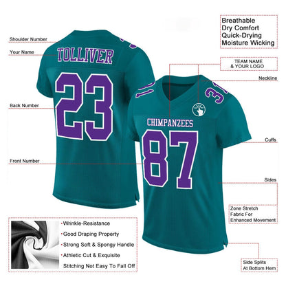 Custom Teal Purple White Mesh Authentic Football Jersey, Team Jerseys Football, Custom Football Jersey
