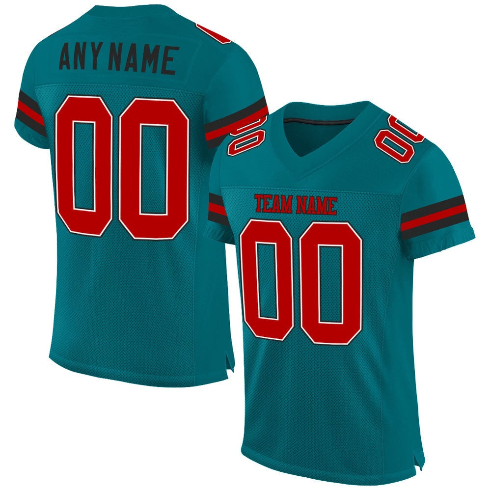 Custom Teal Red Black Mesh Authentic Football Jersey, Team Jerseys Football, Custom Football Jersey