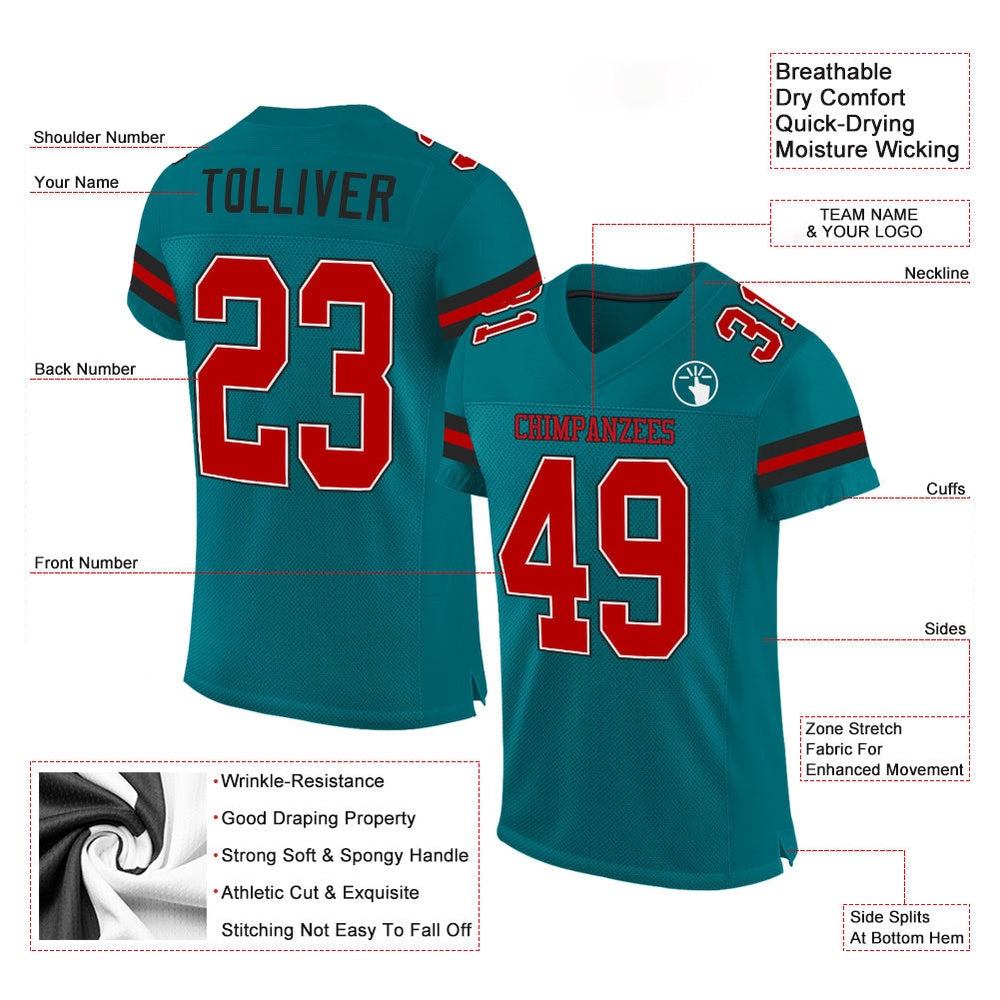 Custom Teal Red Black Mesh Authentic Football Jersey, Team Jerseys Football, Custom Football Jersey