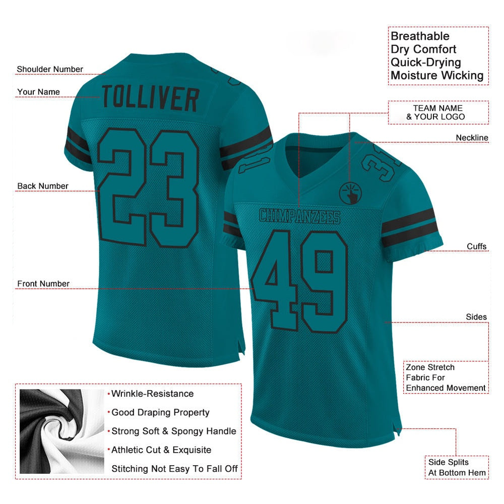 Custom Teal Teal Black Mesh Authentic Football Jersey, Team Jerseys Football, Custom Football Jersey
