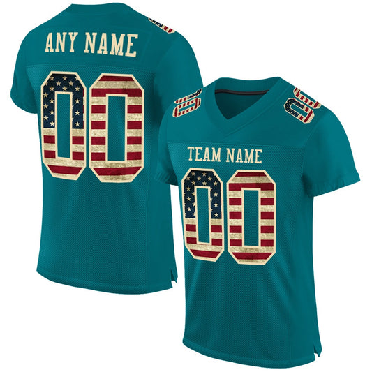 Custom Teal Vintage USA Flag City Cream Mesh Authentic Football Jersey, Team Jerseys Football, Custom Football Jersey