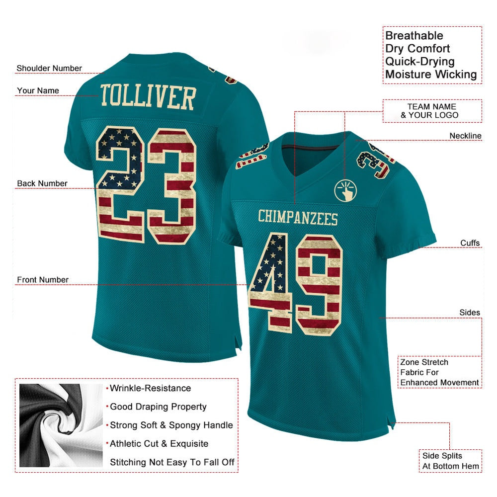 Custom Teal Vintage USA Flag City Cream Mesh Authentic Football Jersey, Team Jerseys Football, Custom Football Jersey