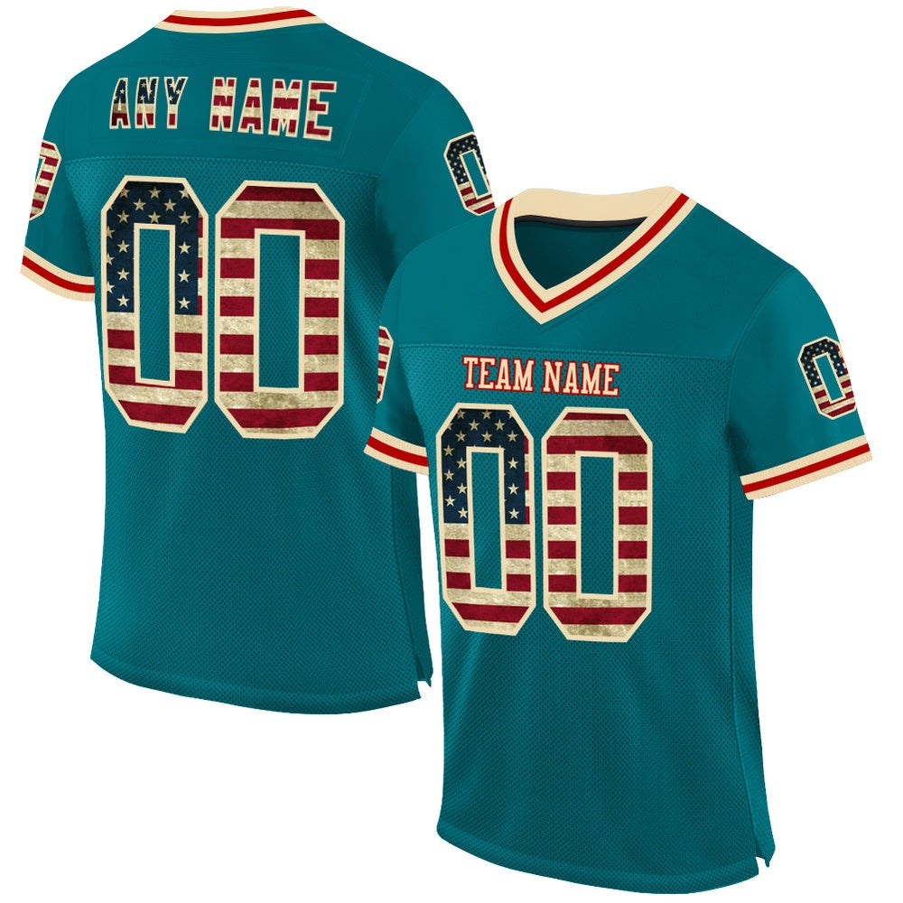 Custom Teal Vintage USA Flag Cream Red Mesh Authentic Throwback Football Jersey, Team Jerseys Football, Custom Football Jersey