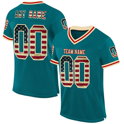 Custom Teal Vintage USA Flag Cream Red Mesh Authentic Throwback Football Jersey, Team Jerseys Football, Custom Football Jersey