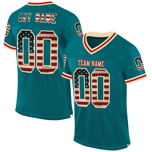 Custom Teal Vintage USA Flag Cream Red Mesh Authentic Throwback Football Jersey, Team Jerseys Football, Custom Football Jersey