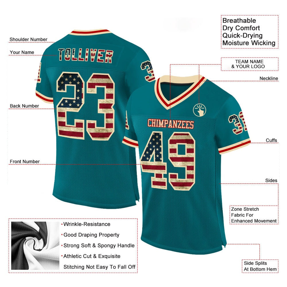Custom Teal Vintage USA Flag Cream Red Mesh Authentic Throwback Football Jersey, Team Jerseys Football, Custom Football Jersey