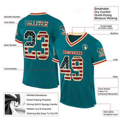 Custom Teal Vintage USA Flag Cream Red Mesh Authentic Throwback Football Jersey, Team Jerseys Football, Custom Football Jersey