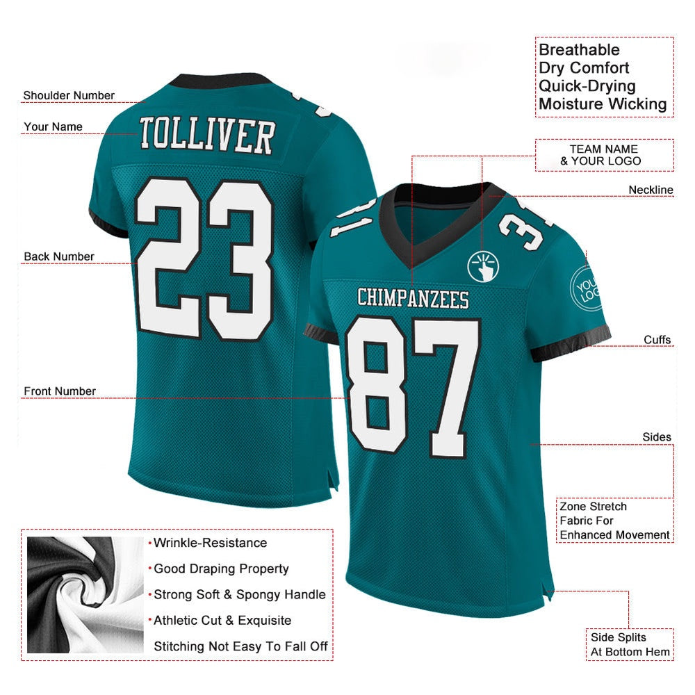 Custom Teal White Black Mesh Authentic Football Jersey, Team Jerseys Football, Custom Football Jersey