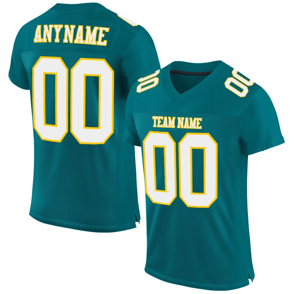 Custom Teal White Gold Mesh Authentic Football Jersey, Team Jerseys Football, Custom Football Jersey