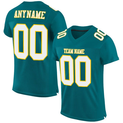 Custom Teal White Gold Mesh Authentic Football Jersey, Team Jerseys Football, Custom Football Jersey