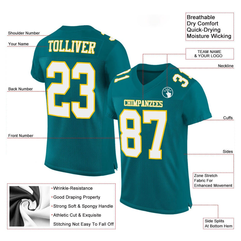 Custom Teal White Gold Mesh Authentic Football Jersey, Team Jerseys Football, Custom Football Jersey