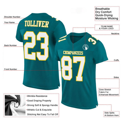 Custom Teal White Gold Mesh Authentic Football Jersey, Team Jerseys Football, Custom Football Jersey